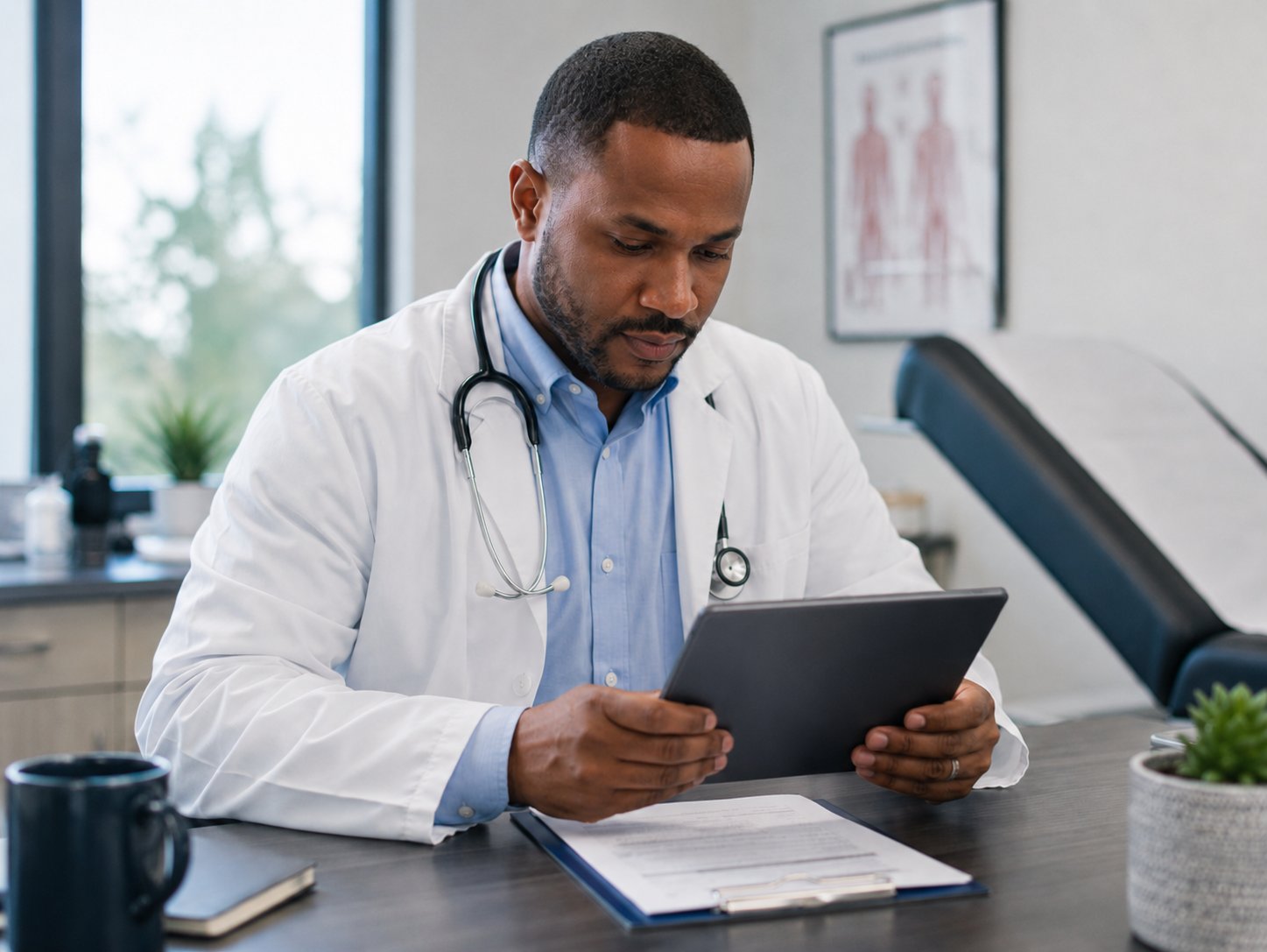 Primary care clinician reviewing a diabetes follow-up pilot scorecard on a tablet beside a patient chart in a modern clinic office